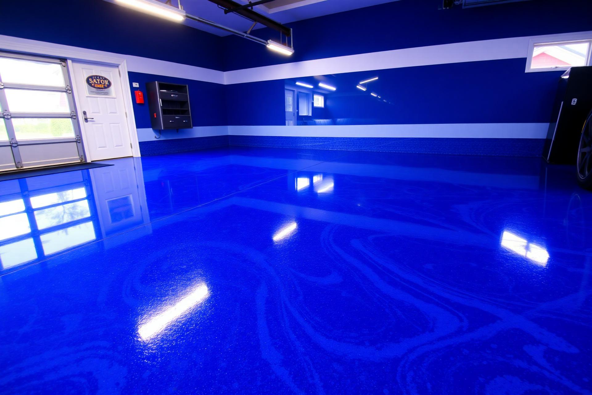 High-gloss metallic blue epoxy garage floor
